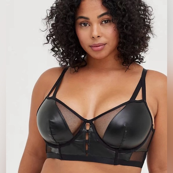 Torrid Faux Leather & Mesh Black Unlined Longline Underwire Bralette Black Sz 2 - Picture 1 of 13